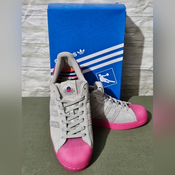 Adidas Superstars ASW Women's Gray suede Sneakers with Pink Sole - Picture 2 of 14